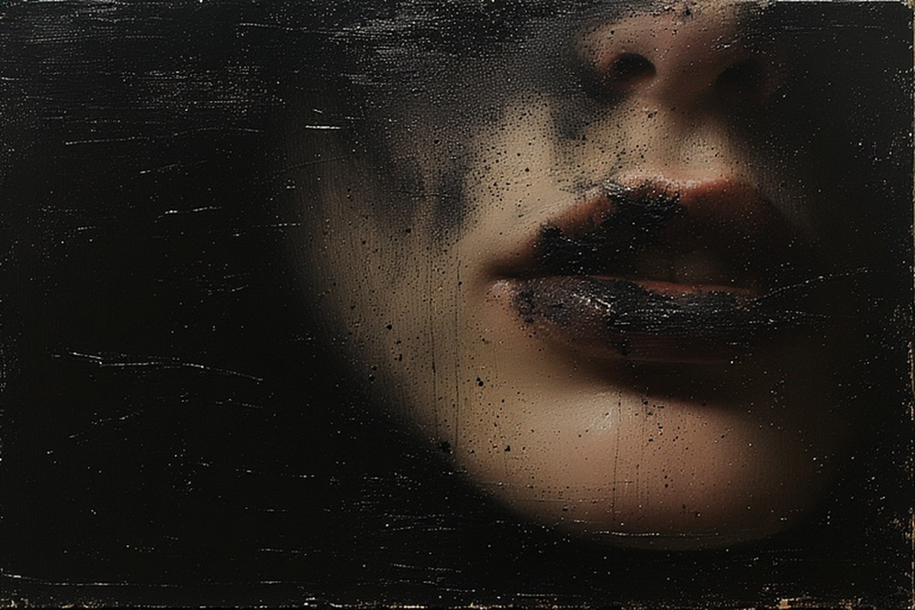 Close-up of a young, luminous face emerging from darkness, with bruised lips and dark marks suggesting dried blood, partially obscured behind a streaked, glass-like surface.