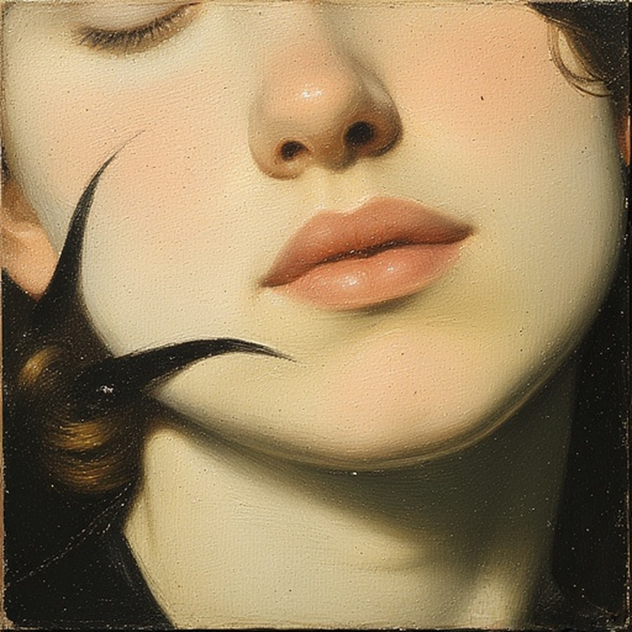 Close-up of a young man's lower face in a softly lit, painterly portrait. His gaze is lowered but not fully closed, suggesting quiet vigilance as he seems aware of a dark, curved, double-pointed form brushing his cheek and curving along his jaw toward the nape of his neck beneath his ear—its nature ambiguous, between caress and threat. His parted lips convey tenderness and sensual surrender, while a subtle tension remains. The mood feels intimate and introspective, infused with mysticism and deep, restrained tenderness.