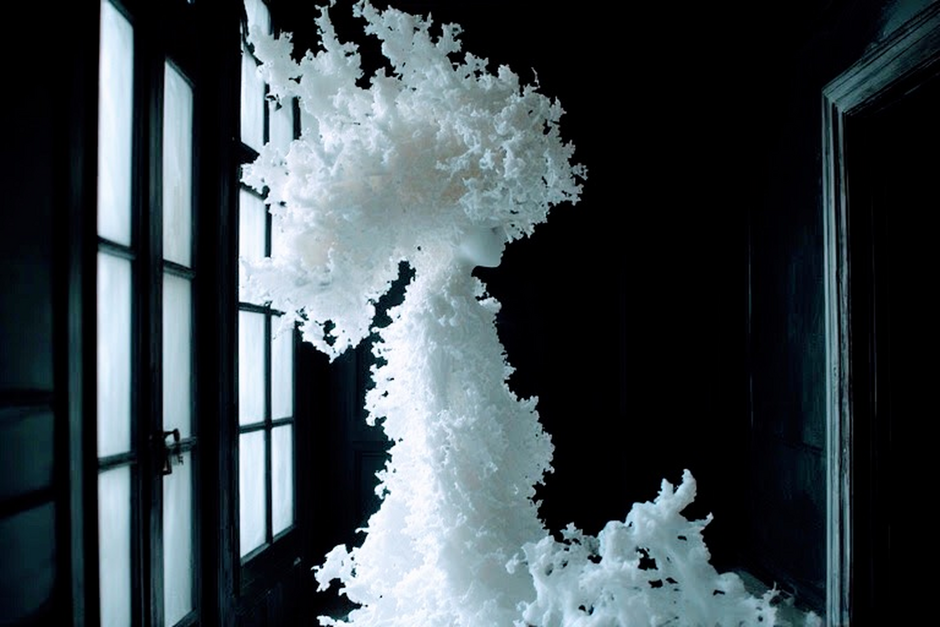 Surreal image of a young androgynous silhouette moving inward through what appears to be the dark rear entrance of a house, its walls painted black. Light filters through tall windowpanes or translucent panels on the left, suggesting a cold winter brightness outside. The figure, seen in profile, seems entirely composed of delicate white formations resembling frost, coral, foam, or crystallized growth. A voluminous, cloudlike mass of hair expands outward, while the elongated body appears to both cohere and dissolve, trailing into intricate snow-white organic textures that seem almost alive. Stark white against deep black creates an extreme contrast between luminous fragility and surrounding void. The atmosphere feels otherworldly in its stillness, deeply silent and inhabited by a vast solitude, cold yet vivid, almost subaquatic—poised between emergence and disintegration, presence and erasure.