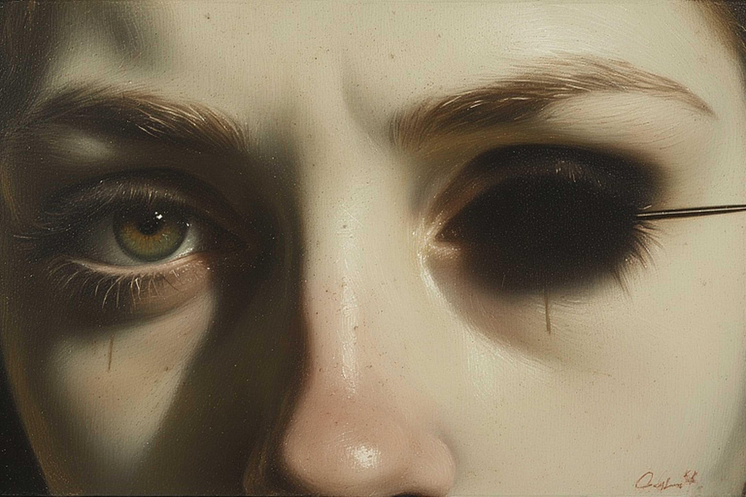 Close-up portrait of a pale face with one visible green eye and the other replaced by a dark, enigmatic void approached by a thin needle.