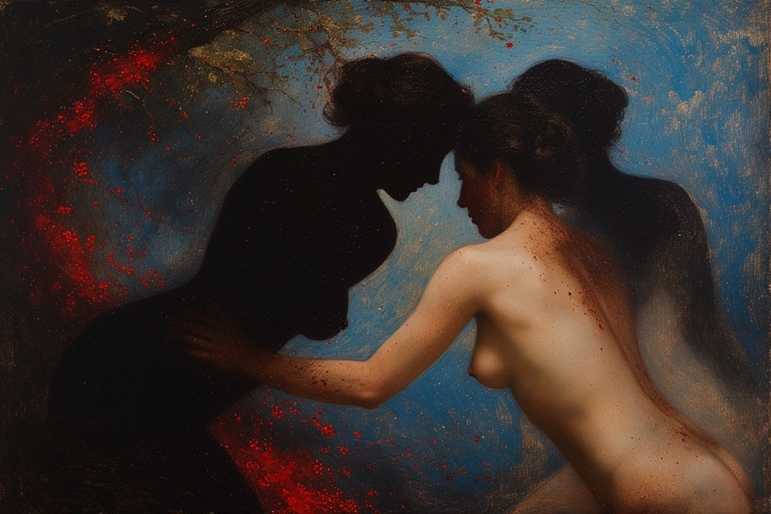 Painterly scene set in a wooded clearing at dusk, rendered with rich, textured brushwork. Three naked female figures are present. At left, a dense black silhouette—like a living shadow—leans forward. At right, a nude woman seen from behind bends toward the shadow figure, her forehead nearly touching it, her arm pressed against its dark torso in a gesture that could be support, restraint, or intimate contact. A third female figure stands partially concealed behind her. The background shifts from deep, almost nocturnal blue on the right—open and quietly luminous—to glowing red splashes scattered through the darker forest tones on the left, resembling embers, blood, or cosmic matter. The contrast between illuminated flesh and compact shadow, living skin and faceless opacity, generates a charged tension. The red flecks on the woman’s back and forearm suggest possible violence, ritual, passion, or transformation. The scene feels sensual, confrontational, and esoteric at once, hovering between erotic intimacy, sacrifice, and communion with something unseen and unnamed.
