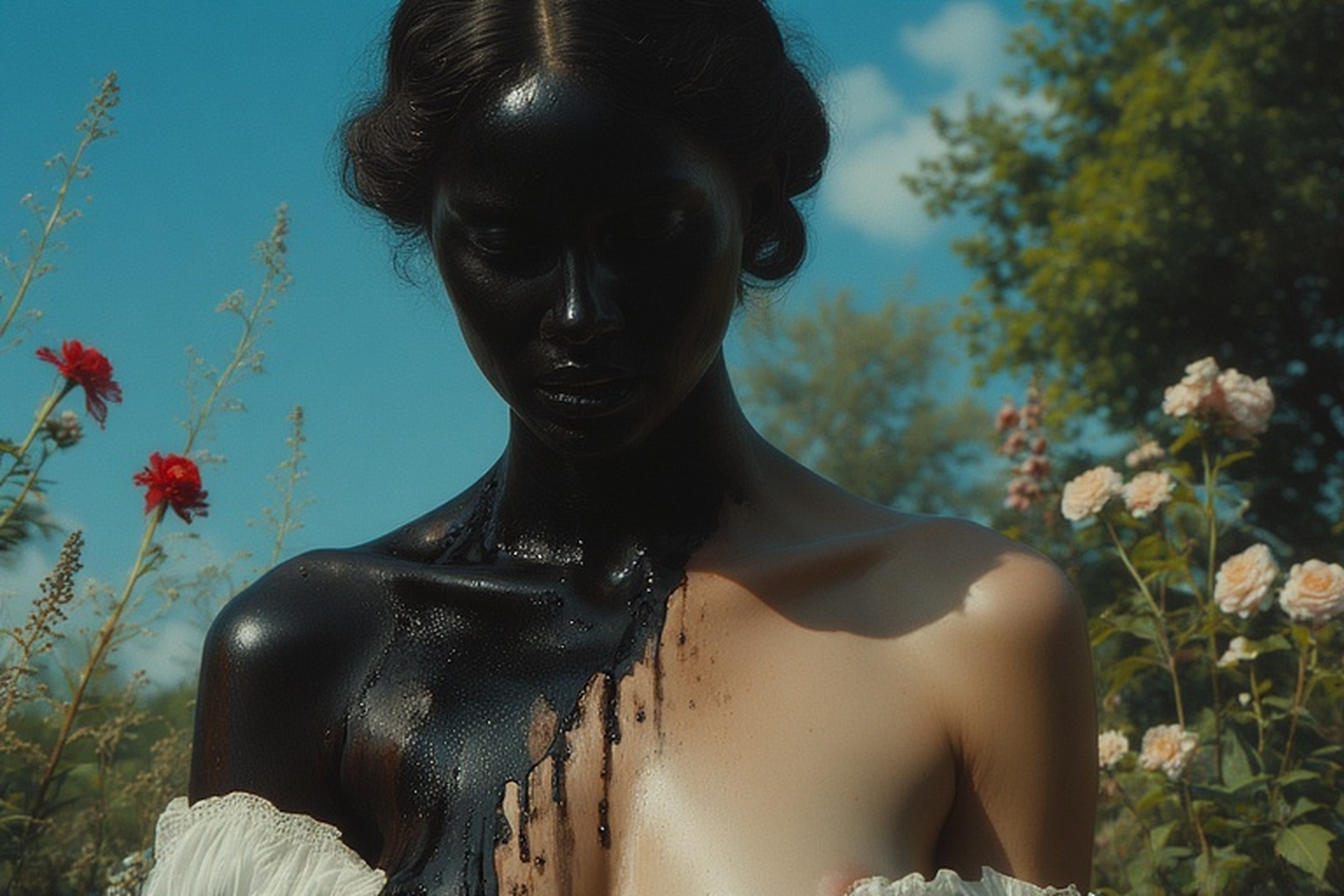 A young woman stands in a sunlit garden under a bright blue sky, surrounded by wildflowers and pale roses. She is centered in the frame, head slightly bowed, her gaze directed downward and a little to one side. Her expression is difficult to fix: it may suggest introspection, shock, or anxious attention to something outside the image. Her body is visually split into two contrasting halves. One side is covered in a thick, glossy black substance that runs over her face, shoulder, chest, and arm like oil or liquid paint. The other side remains bare and light, softly illuminated by the sun. The dark material drips across the boundary between the two sides, making the division feel unstable rather than clean. The image creates a strong tension between beauty and unease, stillness and contamination, inner conflict and outward appearance. The flowers and warm daylight suggest calm and delicacy, while the black liquid introduces a sense of disturbance, as if the figure were caught in a moment of transformation or disjunction.
