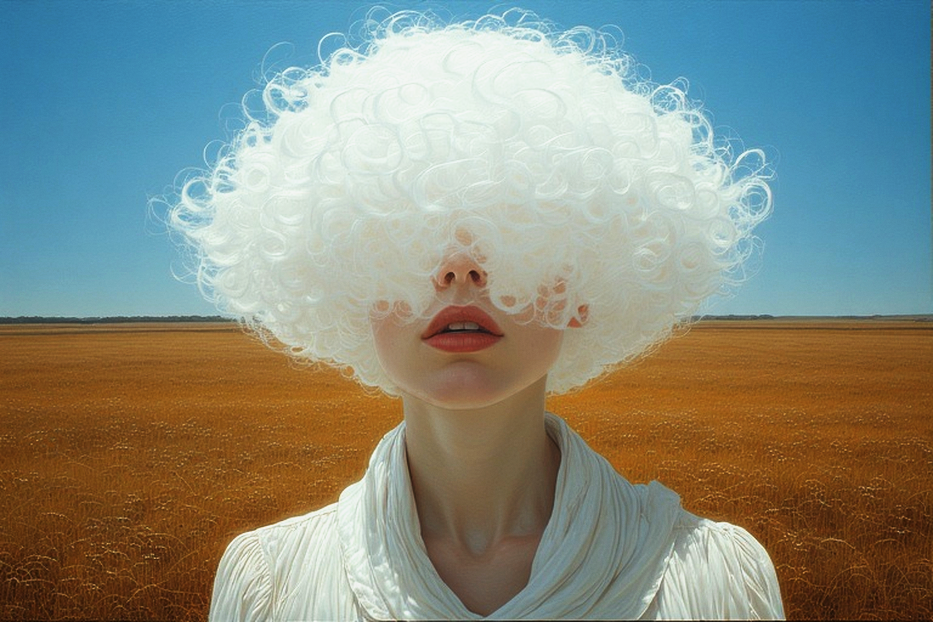 Surrealist portrait of a woman with voluminous white curls covering the upper half of her face.