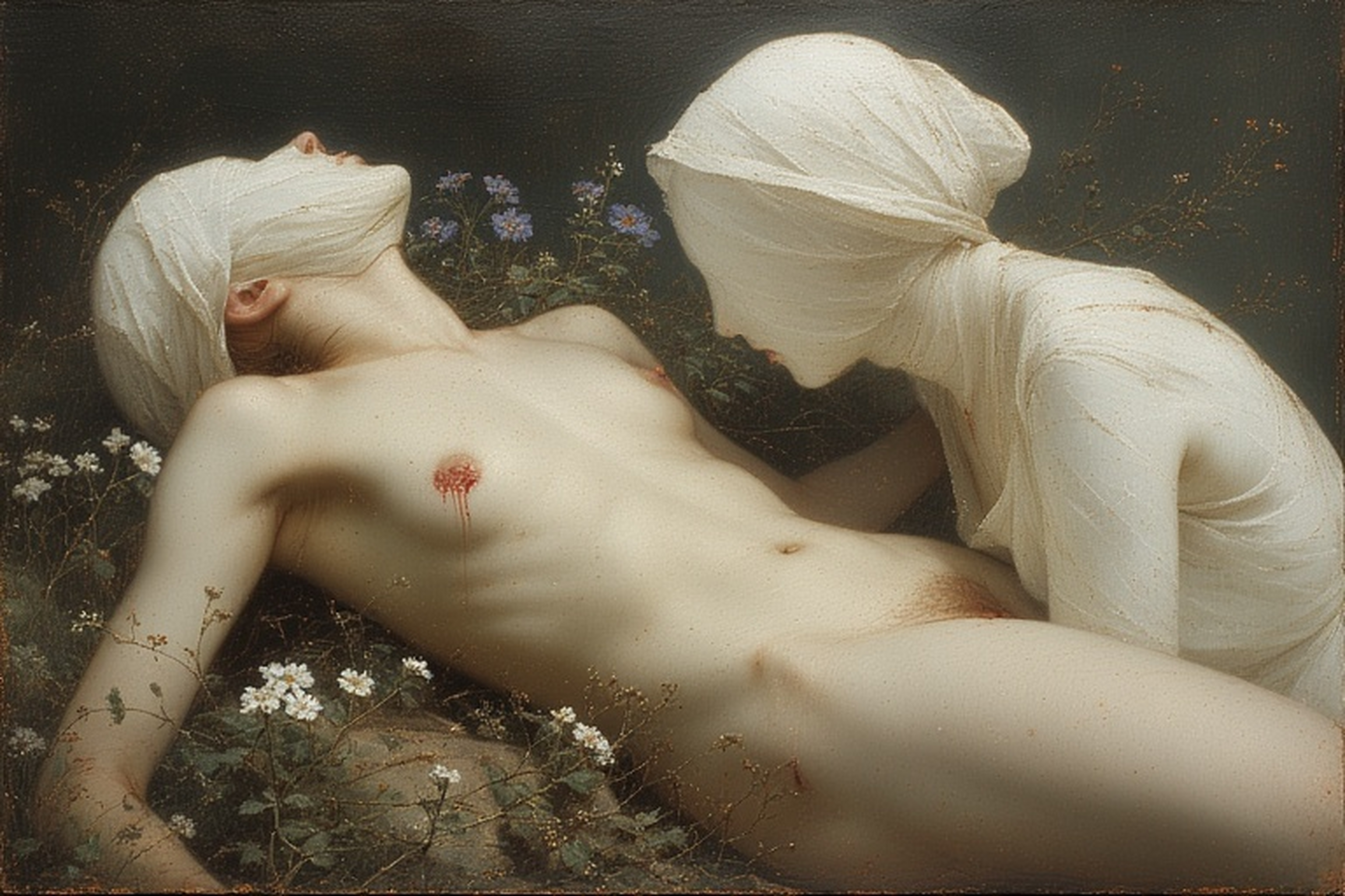 A pale, androgynous nude figure lies on their back among wildflowers with their face wrapped in white cloth. A second figure, completely wrapped in white fabric, kneels beside them and bends over their torso. Small bloodstains are visible on the chest and lower abdomen against a dark background.
