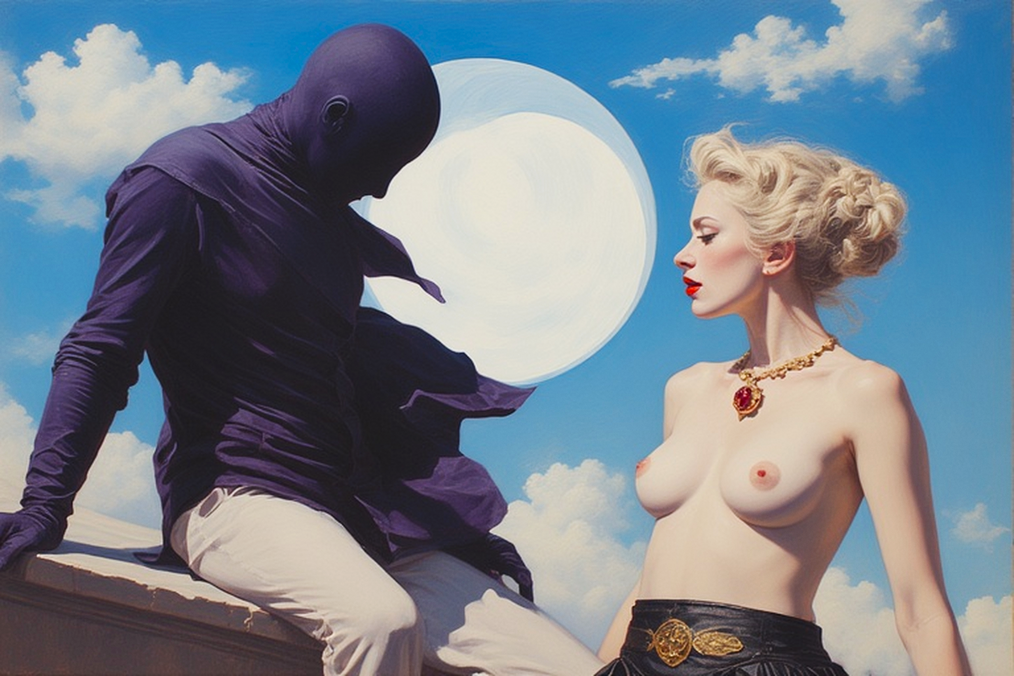 Surrealist scene of a blonde woman facing a faceless figure in dark purple clothing beneath a luminous disc in a bright summer sky.