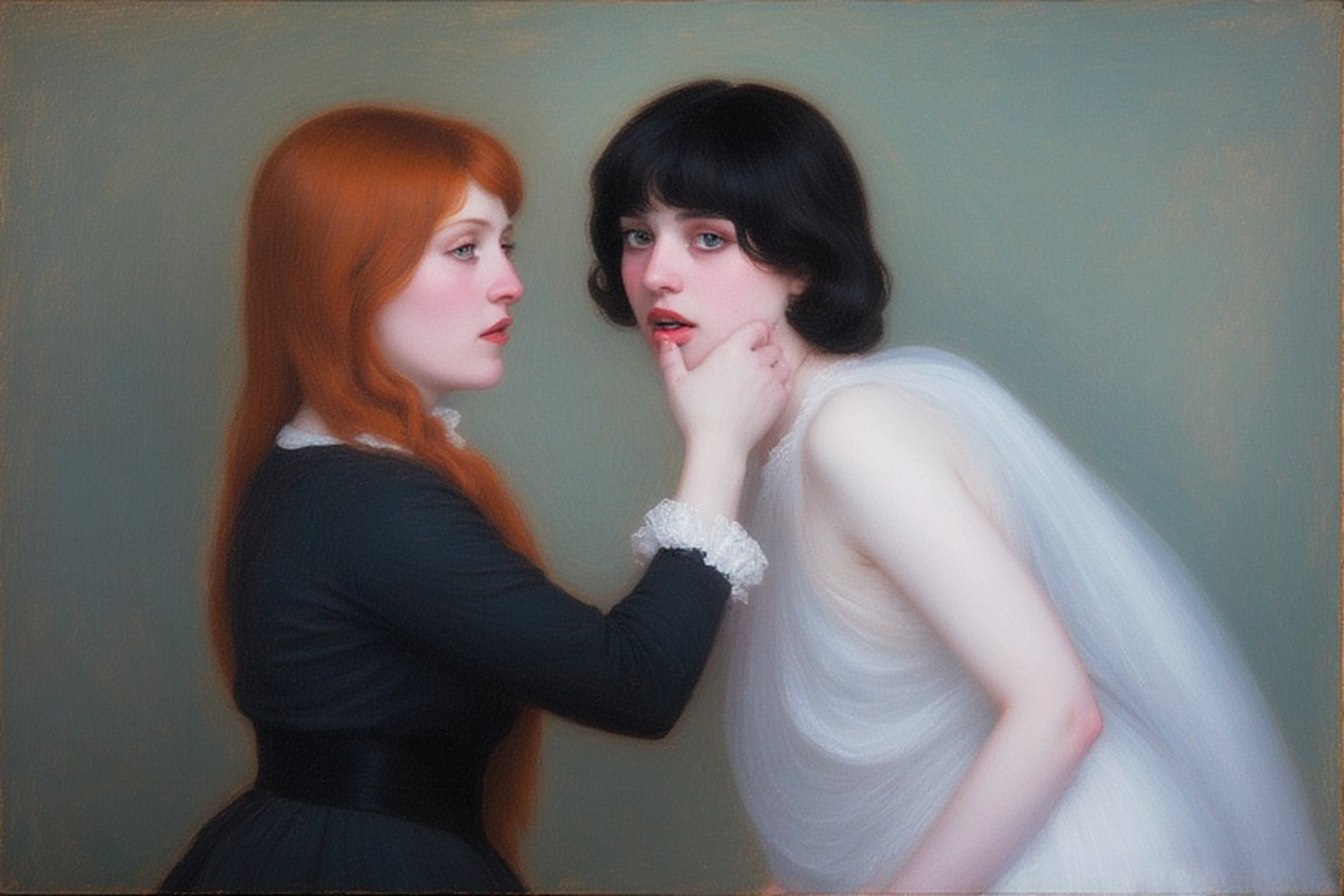 Painterly portrait of two young women against a muted green background. A red-haired woman in a black dress gently holds the chin of a pale, dark-haired woman in a flowing white gown, lightly touching her lower lip. The red-haired woman looks past her companion toward something outside the frame, her expression intent and distant. The dark-haired woman leans forward and meets the viewer’s gaze with parted lips, her expression blending sensual vulnerability with what may be quiet apprehension, a silent call for help, or a provocative awareness of being seen. The contrast of their garments and the divergence of their gazes create an intimate yet unsettling tension, hovering between sensuality and latent fear and suggesting layered dynamics of control, surrender, and unspoken complicity.