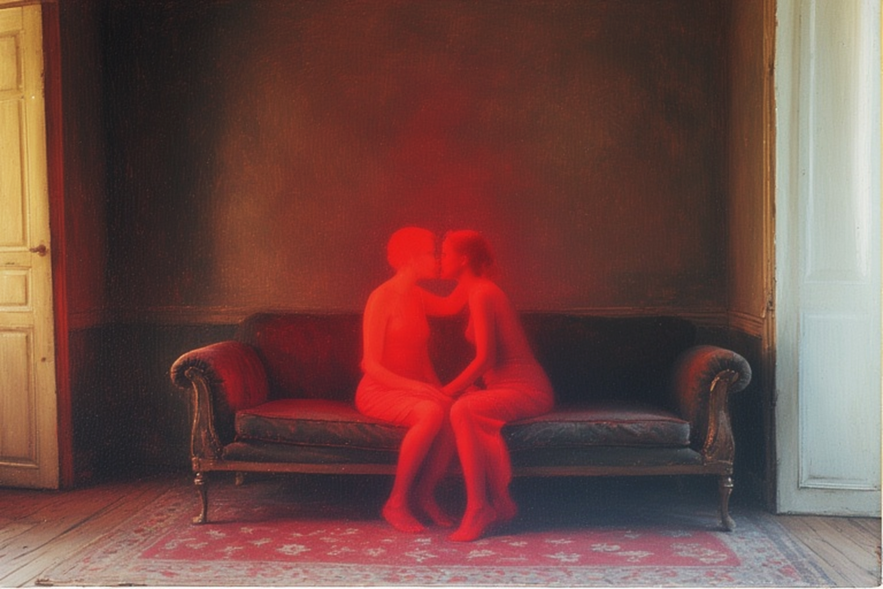 A quiet, old-fashioned room centers on a dark velvet sofa set against a worn wall. Two open doors frame the space: on the right, soft daylight enters with the clarity and tenderness of early morning; on the left, a warmer, dimmer glow suggests the beginning of evening. Both doors appear to open directly outdoors, creating a subtle yet impossible coexistence of two different times of day. On the sofa sit two human figures, close together, leaning in as if sharing a kiss or intimate moment. Their bodies are entirely bathed in a vivid red light that erases individual detail, making them appear smooth and almost abstract, as though they exist outside the room's normal space and time. Around them, the textured rug, wooden floor, aged wall, and upholstered sofa are rendered with naturalistic precision, each surface distinct in tone and texture. Despite these contrasts, the scene holds together in a quiet, dreamlike coherence. The red figures form an emotional center, uniting conflicting lights and textures into a single suspended moment that feels tender, unsettling, and slightly unreal.
