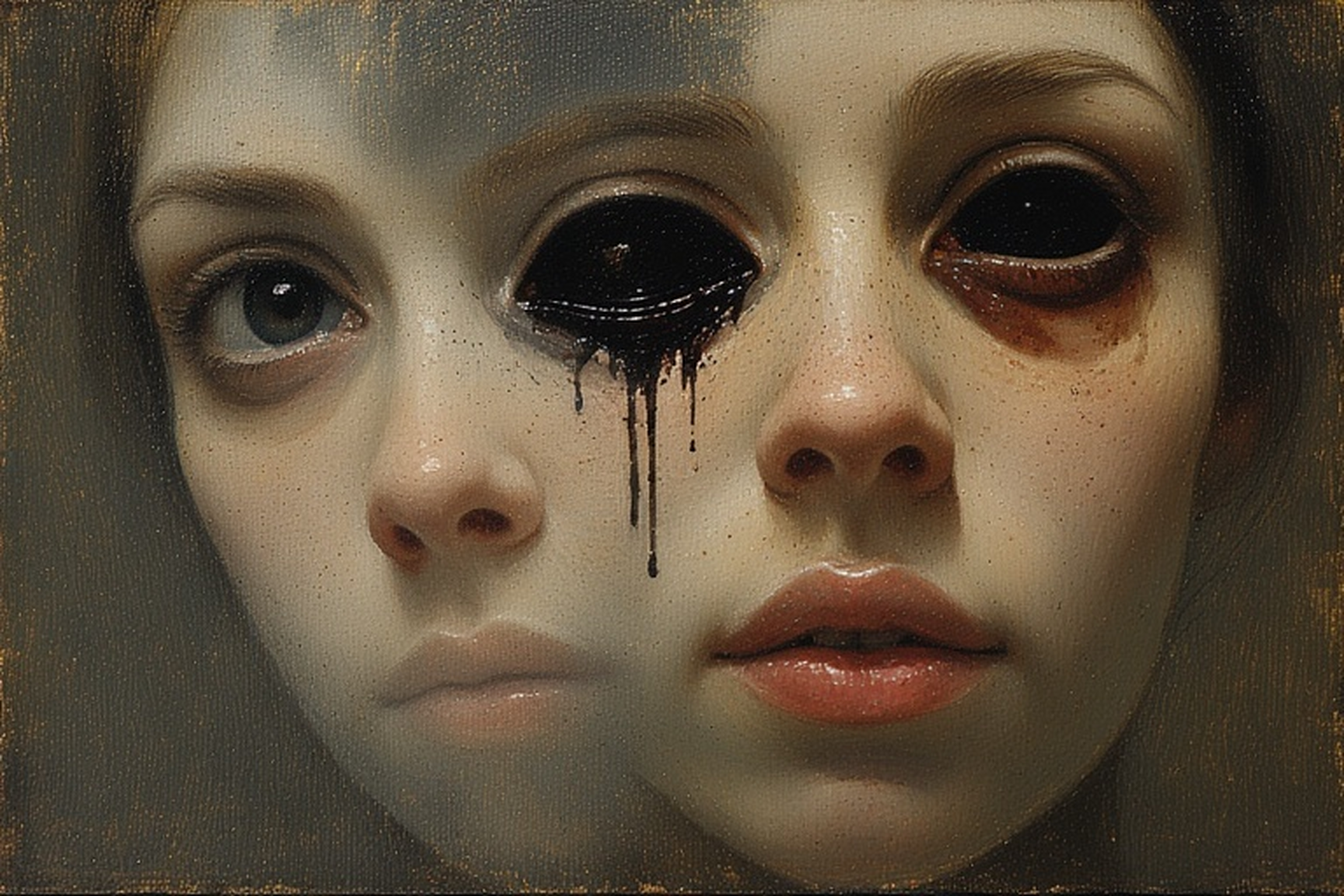 Surreal double portrait of two young adults whose faces merge into one. A central black eye, suggestive of a wounded mystical third eye, weeps dark ink- or blood-like tears, while the remaining eyes become black voids, contrasting beauty with transformation, trauma, and inner awakening.