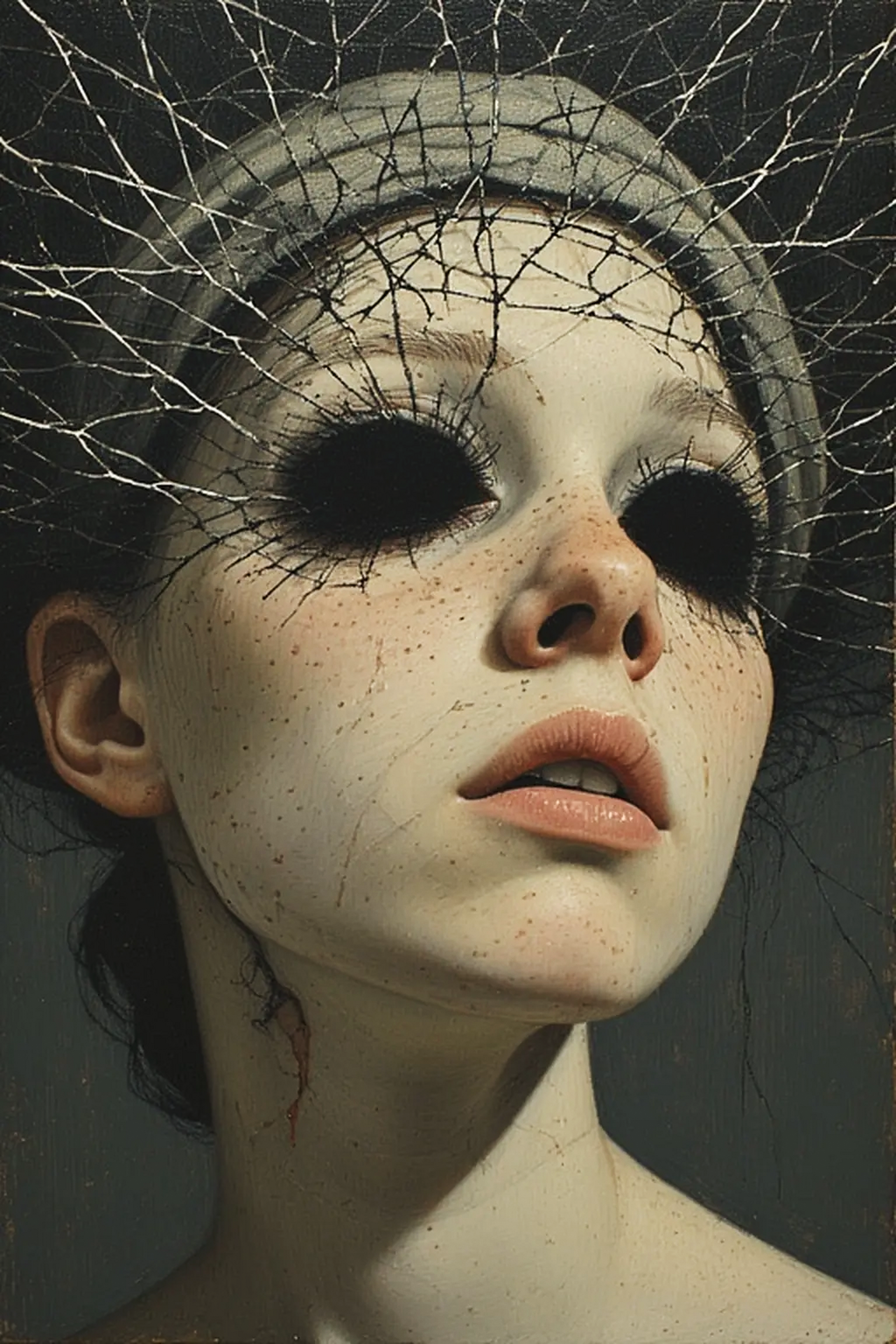 The Marshwatcher: Close-up portrait of a pale young figure with empty black eye sockets gazing upward. Fine, branch-like strands and a web spread across the forehead, while faint cracks, freckles, and subtle traces of blood create an eerie, dreamlike atmosphere against a dark background.